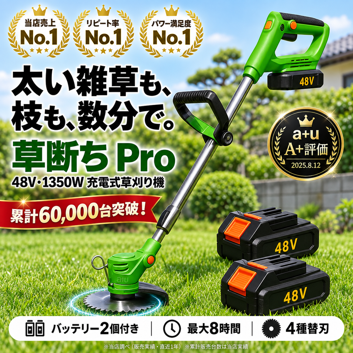 草断ち Pro｜48V・1350W 太い雑草も枝も数分で片付く