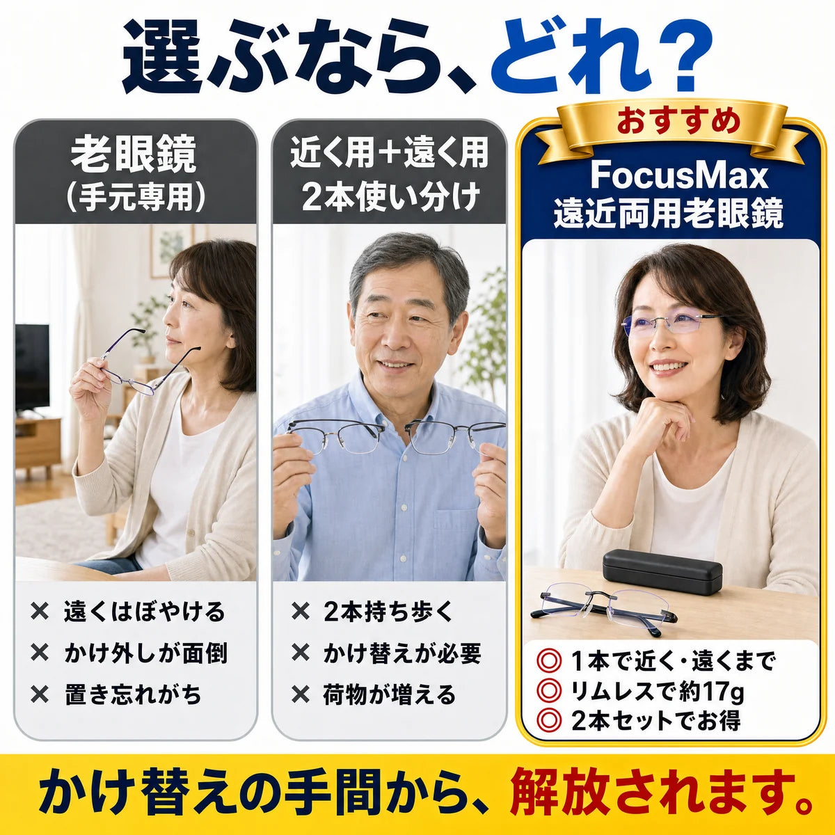 老眼鏡・近く用と遠く用の2本使いとの比較