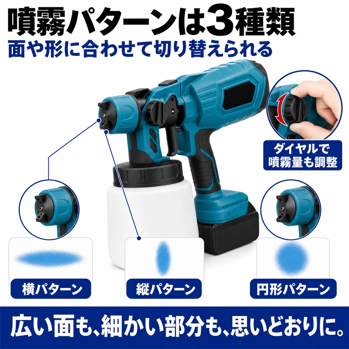 横・縦・円形の3パターン噴霧とダイヤルでの噴霧量調整