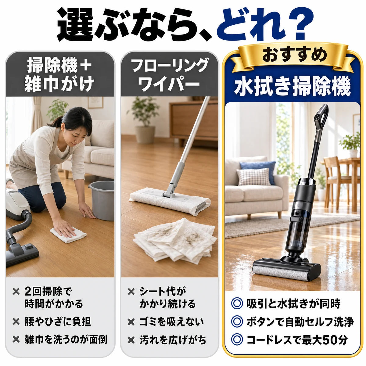 掃除機＋雑巾がけ、フローリングワイパーとの比較